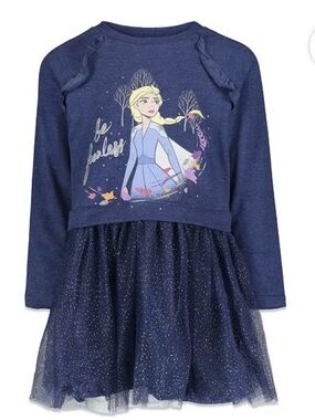 Disney Frozen graphic navy blue long sleeve tulle bottom dress size 4T